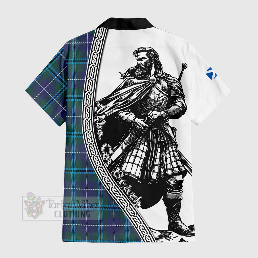 Tartan Vibes Clothing Sandilands Tartan Clan Crest Short Sleeve Button Shirt with Highlander Warrior Celtic Style