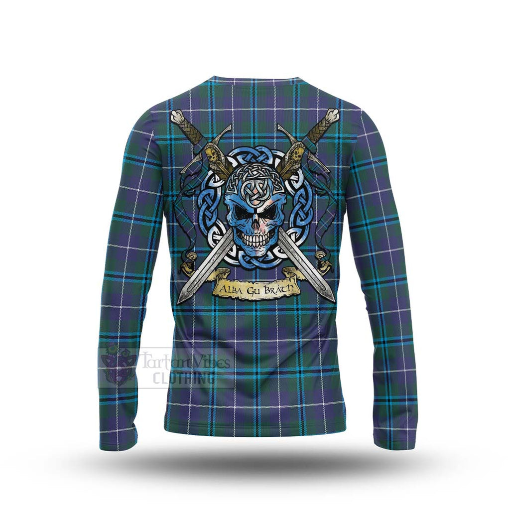 Tartan Vibes Clothing Sandilands Tartan Long Sleeve T-Shirt with Family Crest Celtic Skull Style