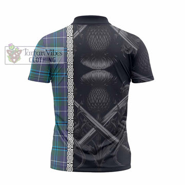 Sandilands Tartan Zipper Polo Shirt with Family Crest Cross Sword Thistle Celtic Vibes