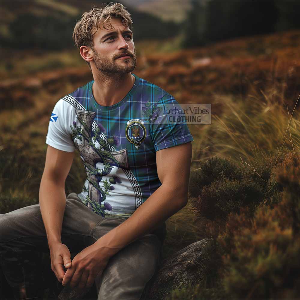 Tartan Vibes Clothing Sandilands Agnew Tartan T-Shirt with Family Crest and St. Andrew's Cross Accented by Thistle Vines