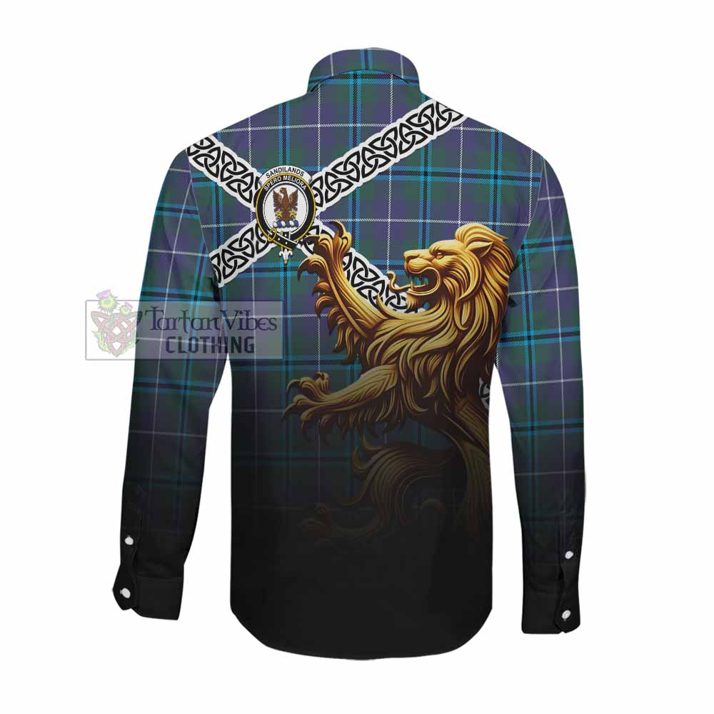 Sandilands Crest Tartan Long Sleeve Button Shirt with Golden Lion Emblem Celtic Style Men's Shirt - Tartan Vibes Clothing