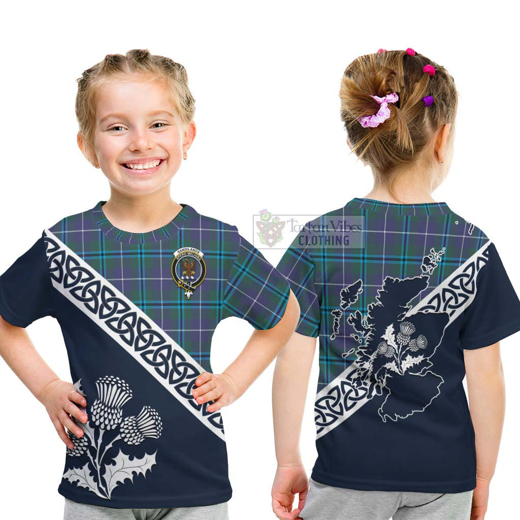 Tartan Vibes Clothing Sandilands Tartan Kid T-Shirt Featuring Thistle and Scotland Map