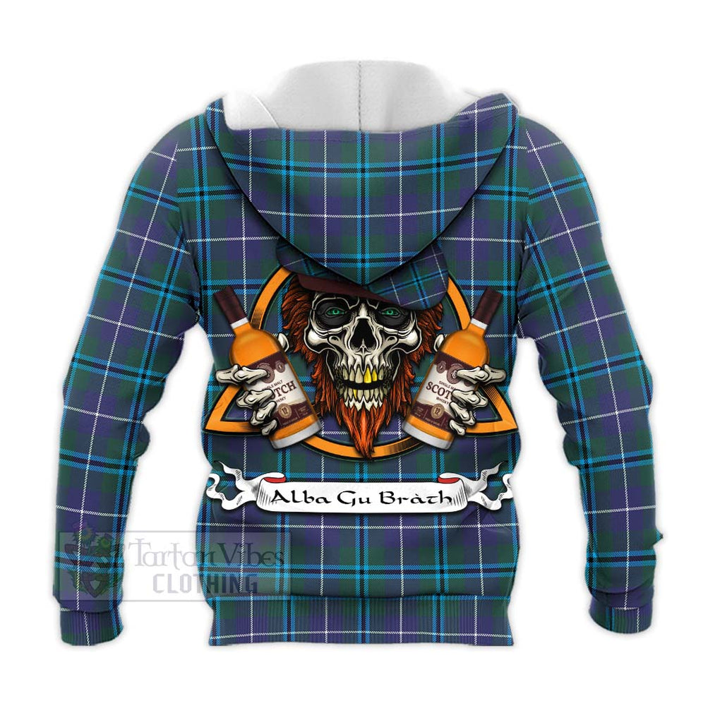 Tartan Vibes Clothing Sandilands Tartan Knitted Hoodie with Family Crest and Bearded Skull Holding Bottles of Whiskey