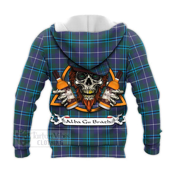 Sandilands Tartan Knitted Hoodie with Family Crest and Bearded Skull Holding Bottles of Whiskey