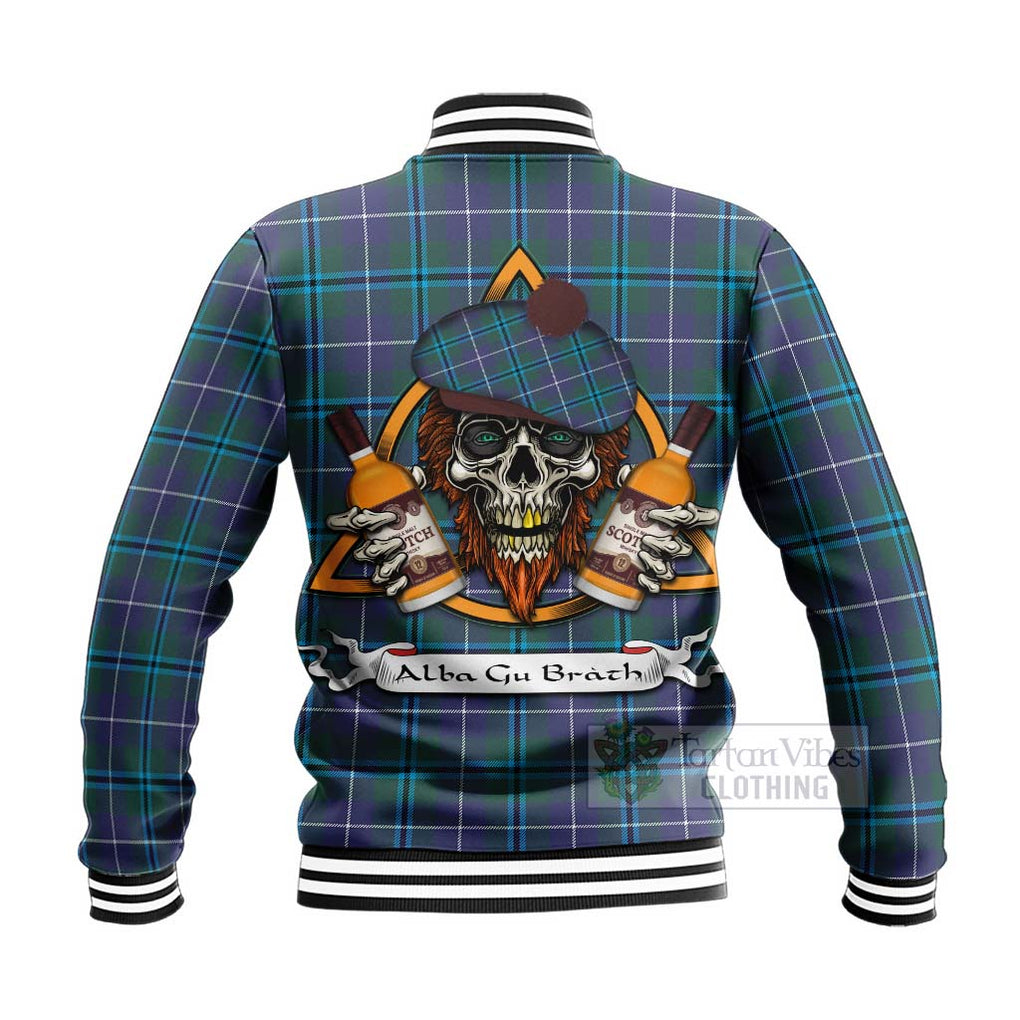 Tartan Vibes Clothing Sandilands Tartan Baseball Jacket with Family Crest and Bearded Skull Holding Bottles of Whiskey