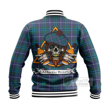 Sandilands Tartan Baseball Jacket with Family Crest and Bearded Skull Holding Bottles of Whiskey