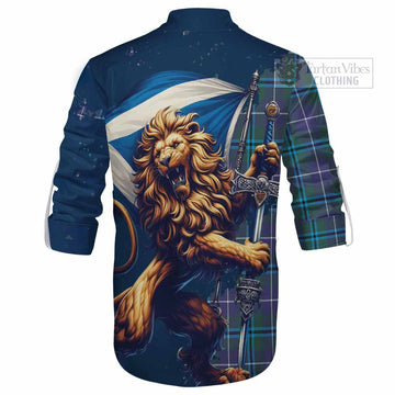 Sandilands Tartan Family Crest Ghillie Kilt Shirt with Scottish Majestic Lion