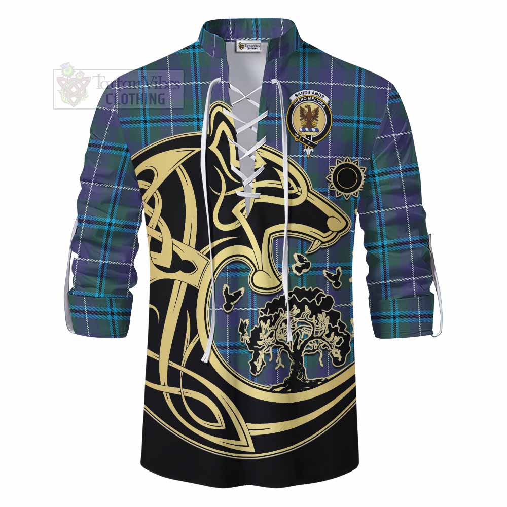 Tartan Vibes Clothing Sandilands Tartan Ghillie Kilt Shirt with Family Crest Celtic Wolf Style