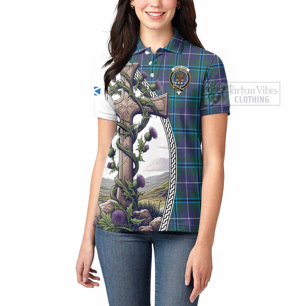 Tartan Vibes Clothing Sandilands Tartan Women's Polo Shirt with Family Crest and St. Andrew's Cross Accented by Thistle Vines