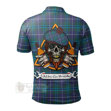 Sandilands Tartan Polo Shirt with Family Crest and Bearded Skull Holding Bottles of Whiskey