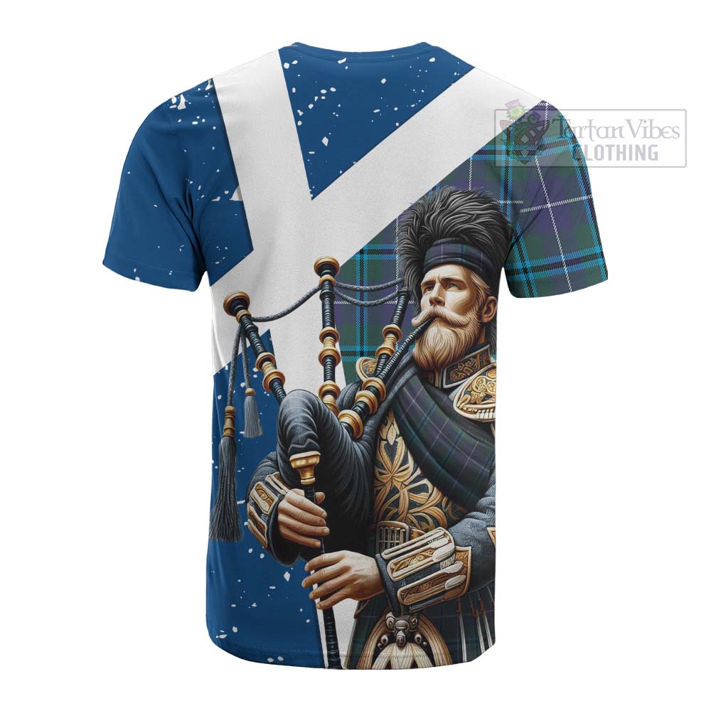 Tartan Vibes Clothing Sandilands Tartan Cotton T-shirt with Family Crest Scottish Bagpiper Vibes