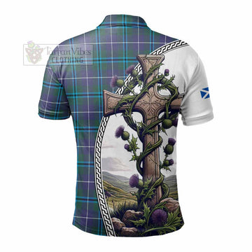 Sandilands Tartan Polo Shirt with Family Crest and St. Andrew's Cross Accented by Thistle Vines