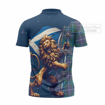 Sandilands Tartan Family Crest Zipper Polo Shirt with Scottish Majestic Lion