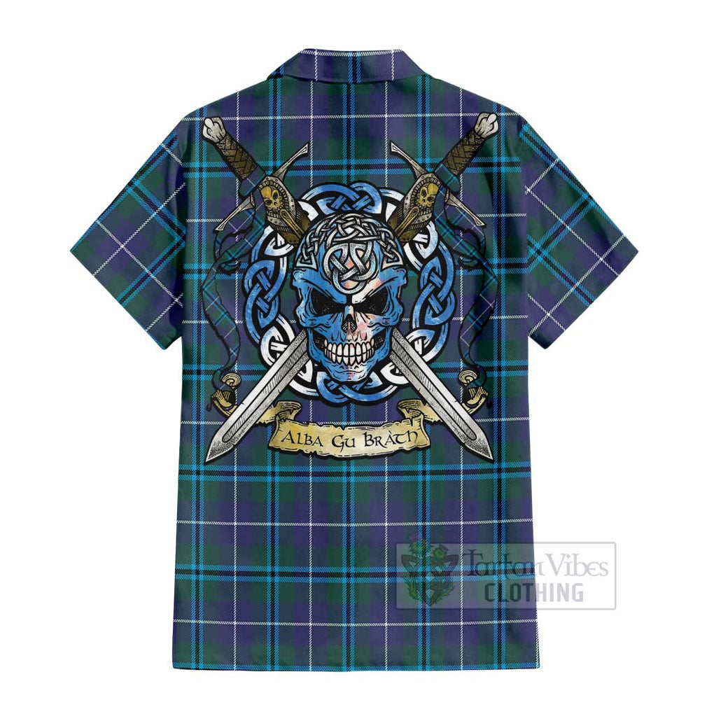 Tartan Vibes Clothing Sandilands Tartan Short Sleeve Button Shirt with Family Crest Celtic Skull Style