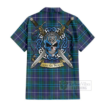 Sandilands Tartan Short Sleeve Button Shirt with Family Crest Celtic Skull Style