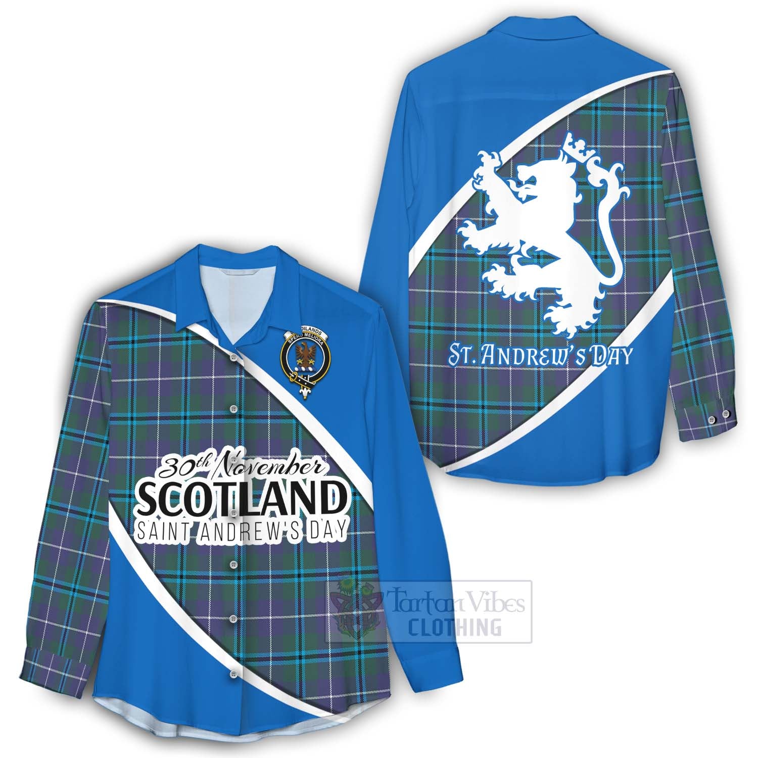 Tartan Vibes Clothing Sandilands Family Crest Tartan Women's Casual Shirt Celebrate Saint Andrew's Day in Style