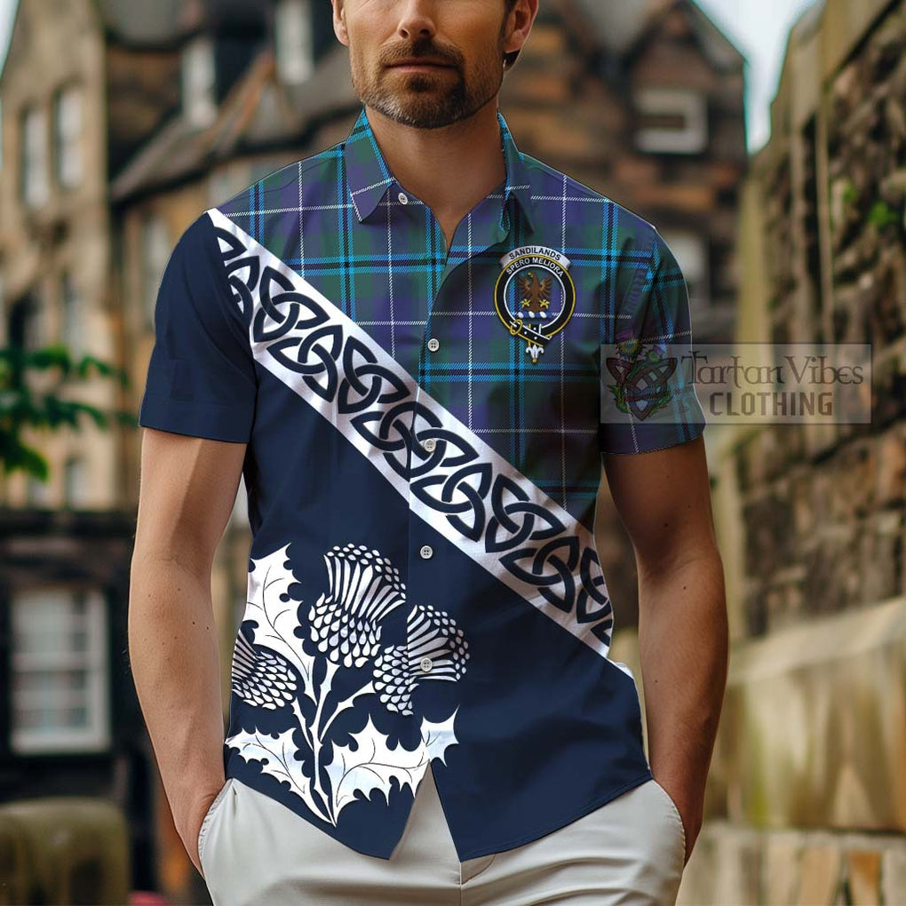 Tartan Vibes Clothing Sandilands Tartan Short Sleeve Button Shirt Featuring Thistle and Scotland Map