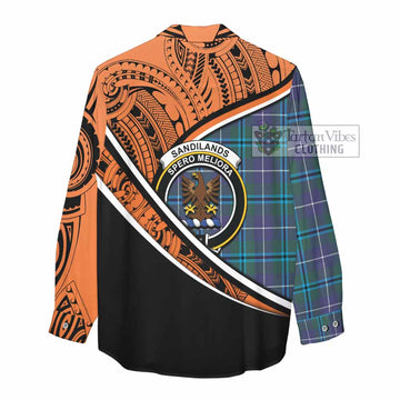 Sandilands Crest Tartan Women's Casual Shirt with Polynesian Vibes Style - Orange Version