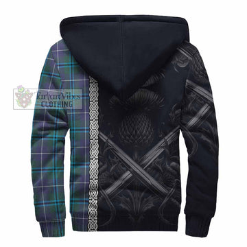 Sandilands Tartan Sherpa Hoodie with Family Crest Cross Sword Thistle Celtic Vibes