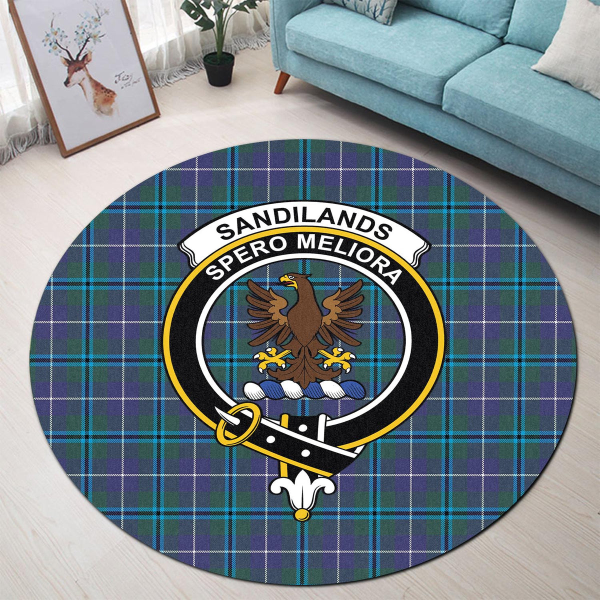 Sandilands Tartan Round Rug with Family Crest - Tartan Vibes Clothing