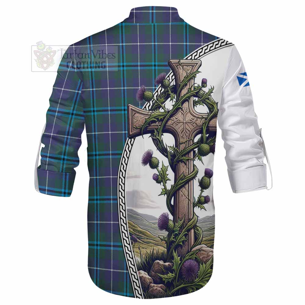 Tartan Vibes Clothing Sandilands Tartan Ghillie Kilt Shirt with Family Crest and St. Andrew's Cross Accented by Thistle Vines