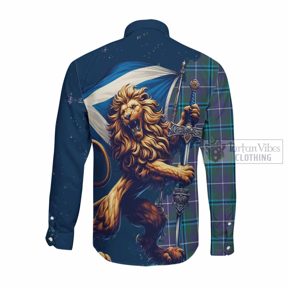 Tartan Vibes Clothing Sandilands Tartan Family Crest Long Sleeve Button Shirt with Scottish Majestic Lion