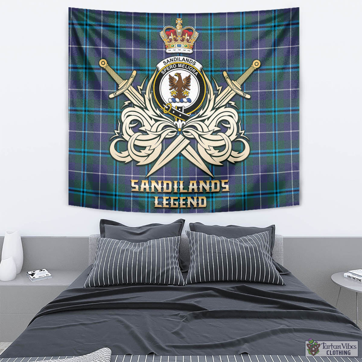 Tartan Vibes Clothing Sandilands Tartan Tapestry with Clan Crest and the Golden Sword of Courageous Legacy