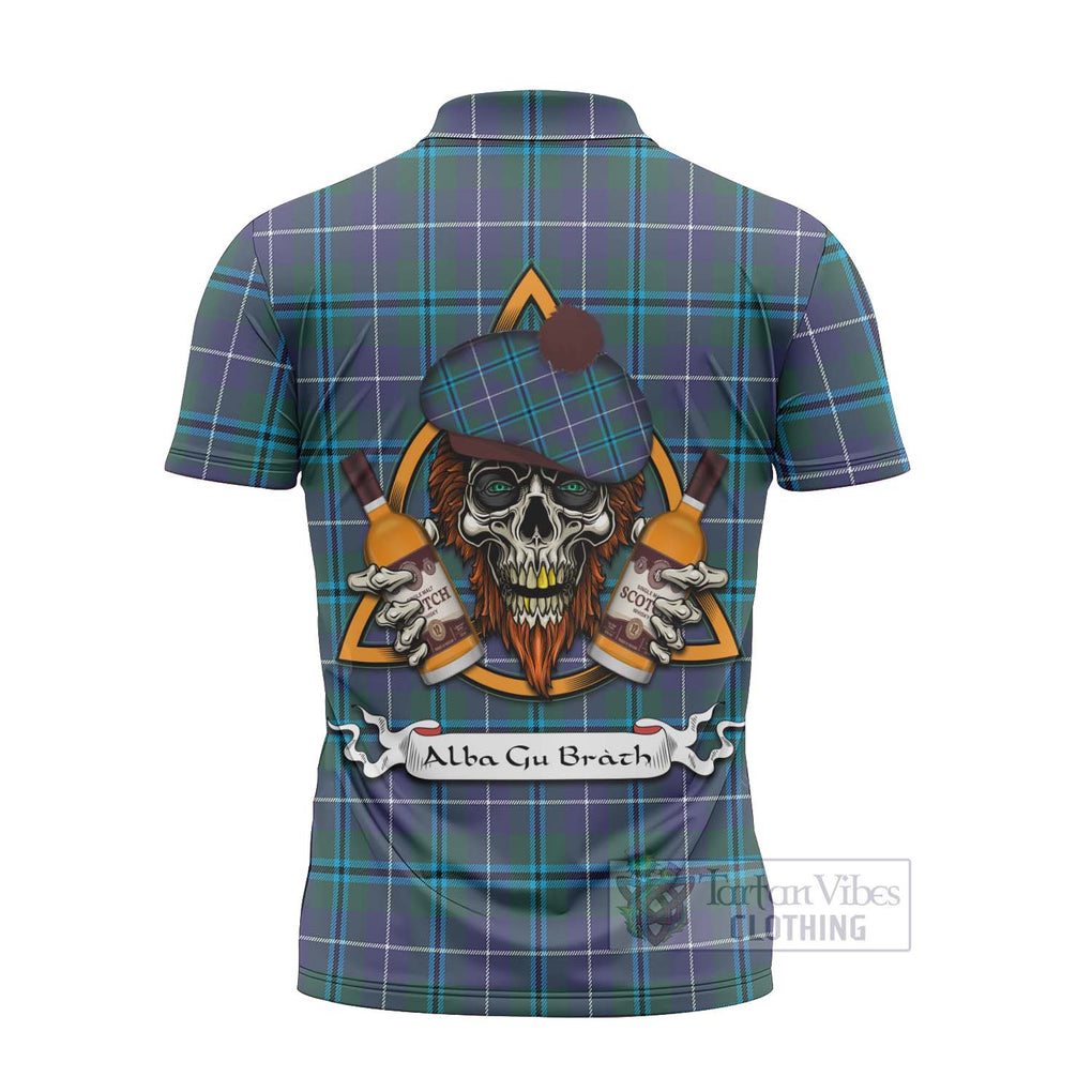 Tartan Vibes Clothing Sandilands Tartan Zipper Polo Shirt with Family Crest and Bearded Skull Holding Bottles of Whiskey