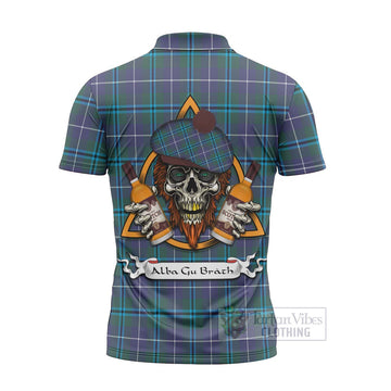 Sandilands Tartan Zipper Polo Shirt with Family Crest and Bearded Skull Holding Bottles of Whiskey