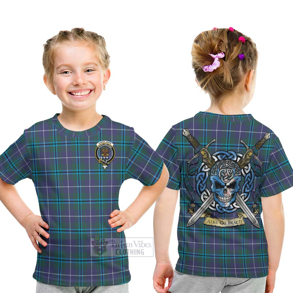 Tartan Vibes Clothing Sandilands Tartan Kid T-Shirt with Family Crest Celtic Skull Style