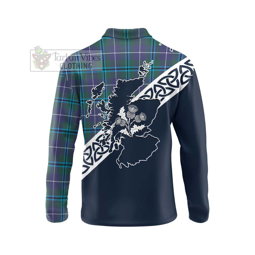 Tartan Vibes Clothing Sandilands Tartan Long Sleeve Polo Shirt Featuring Thistle and Scotland Map