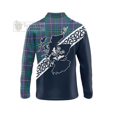 Sandilands Tartan Long Sleeve Polo Shirt Featuring Thistle and Scotland Map