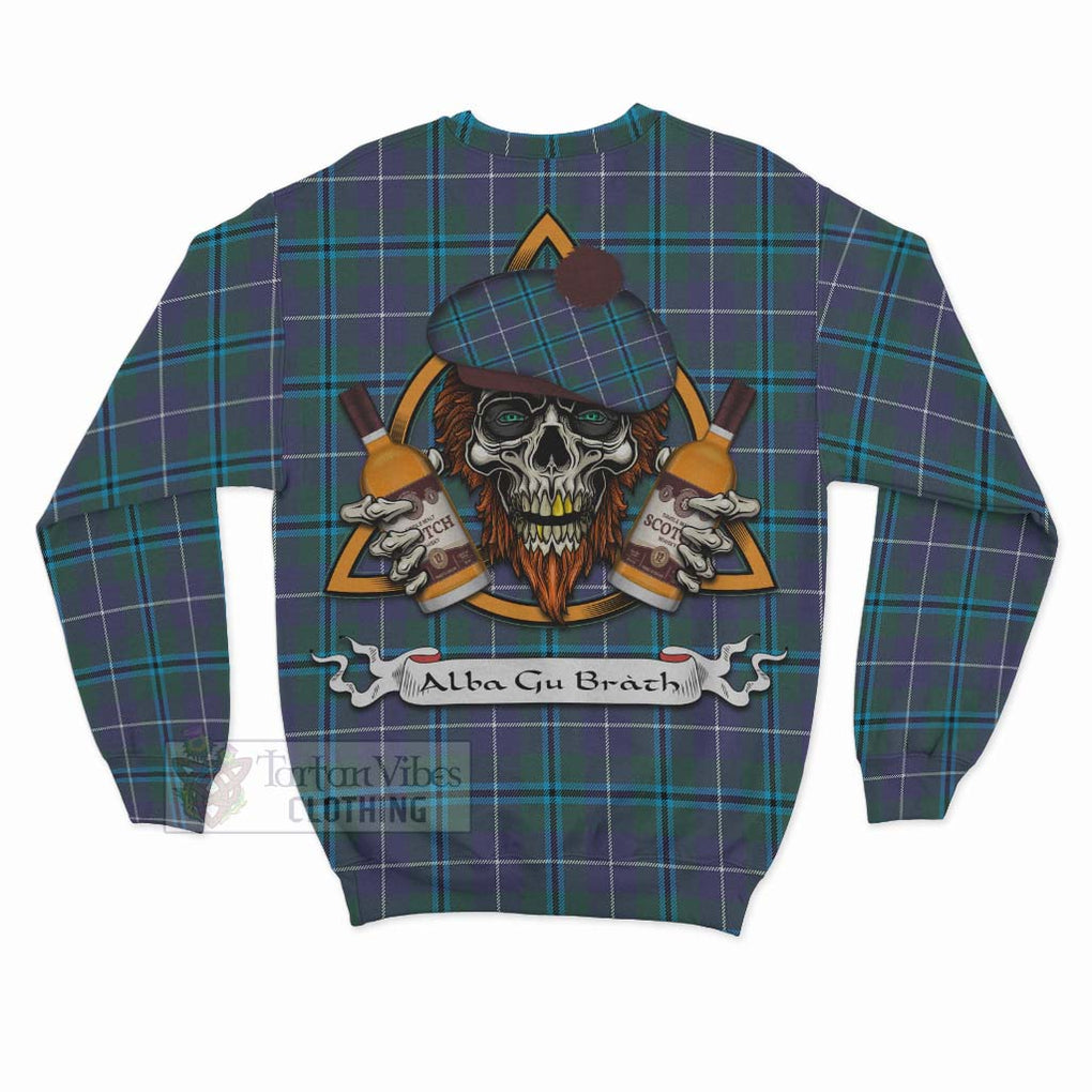 Tartan Vibes Clothing Sandilands Tartan Sweatshirt with Family Crest and Bearded Skull Holding Bottles of Whiskey