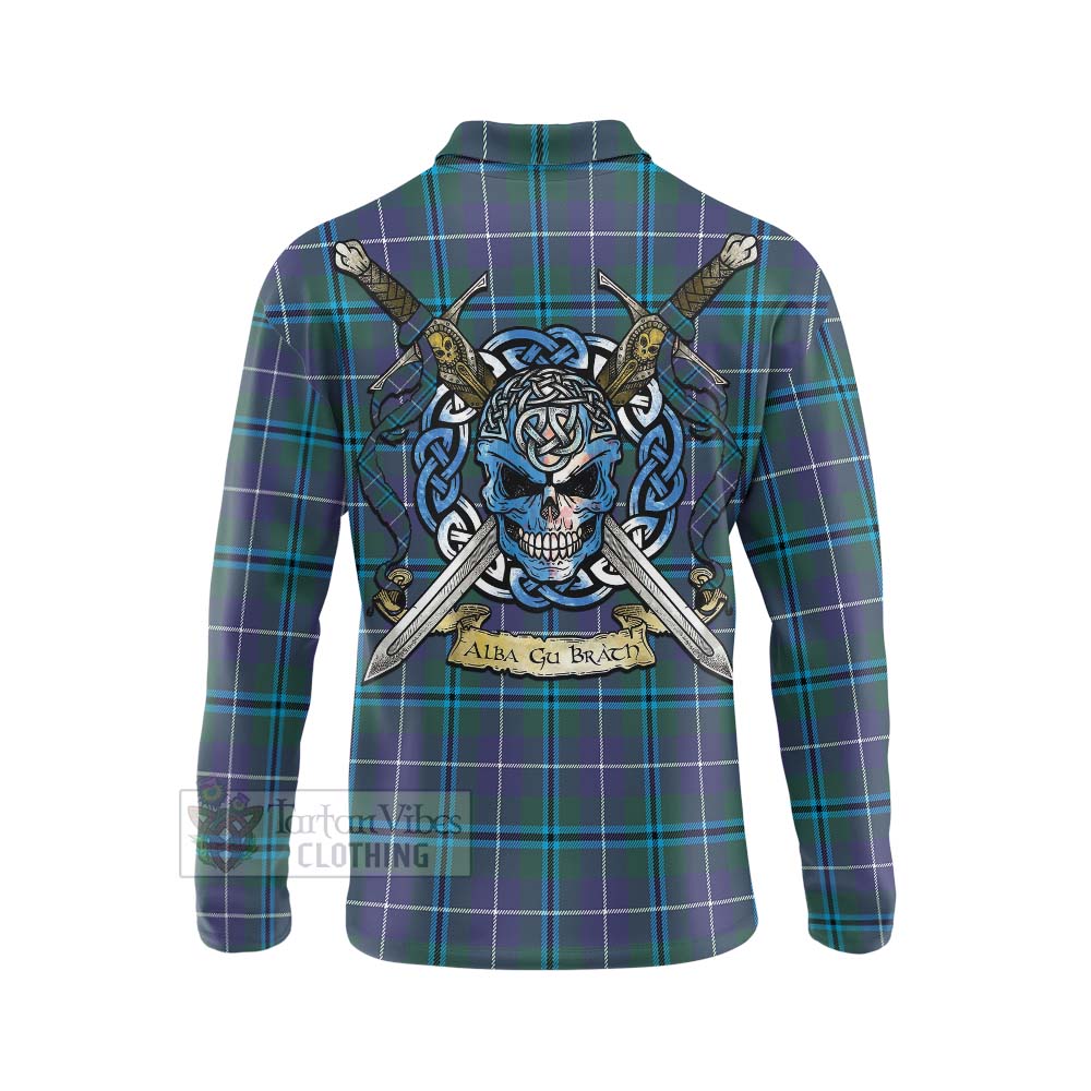 Tartan Vibes Clothing Sandilands Tartan Long Sleeve Polo Shirt with Family Crest Celtic Skull Style