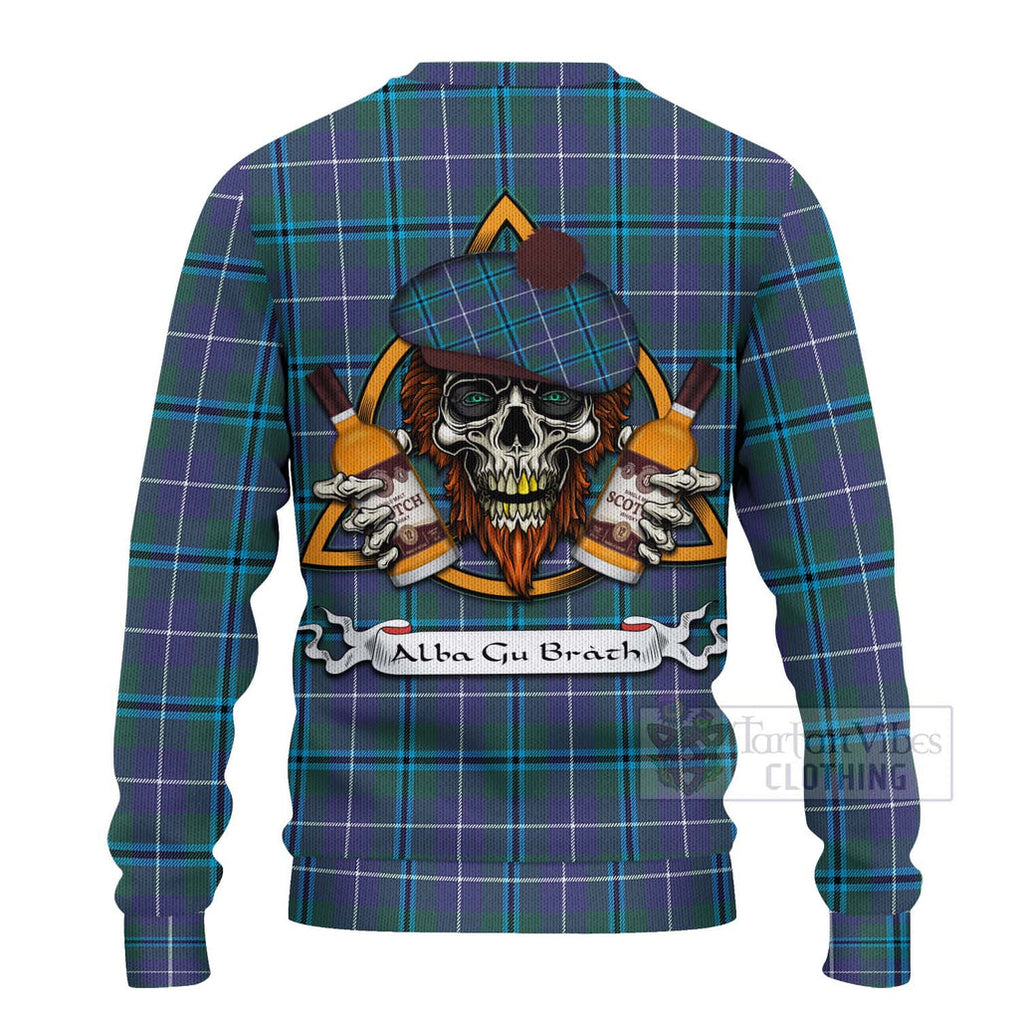 Tartan Vibes Clothing Sandilands Tartan Knitted Sweater with Family Crest and Bearded Skull Holding Bottles of Whiskey