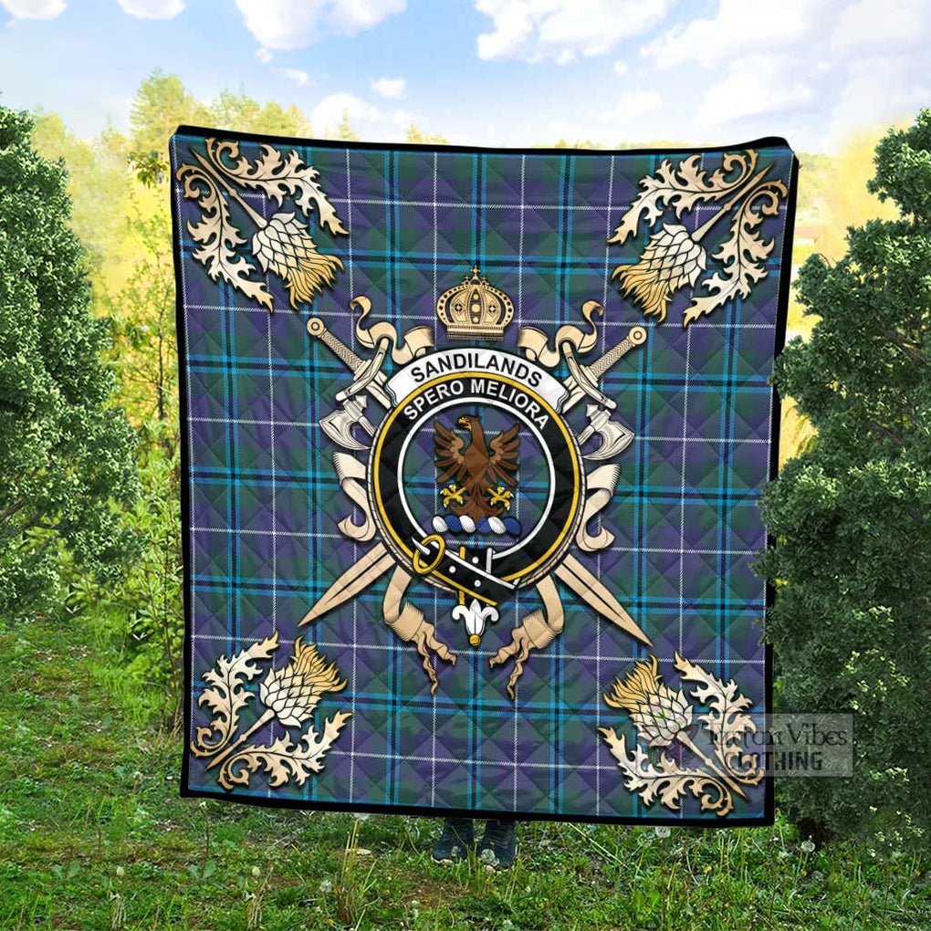 Tartan Vibes Clothing Sandilands Tartan Quilt with Family Crest and Scottish Golden Courage Shield