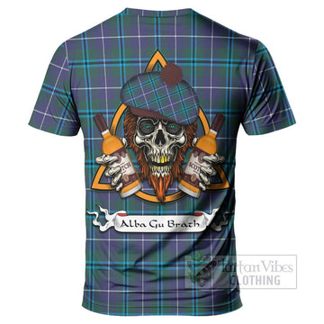 Sandilands Tartan T-Shirt with Family Crest and Bearded Skull Holding Bottles of Whiskey