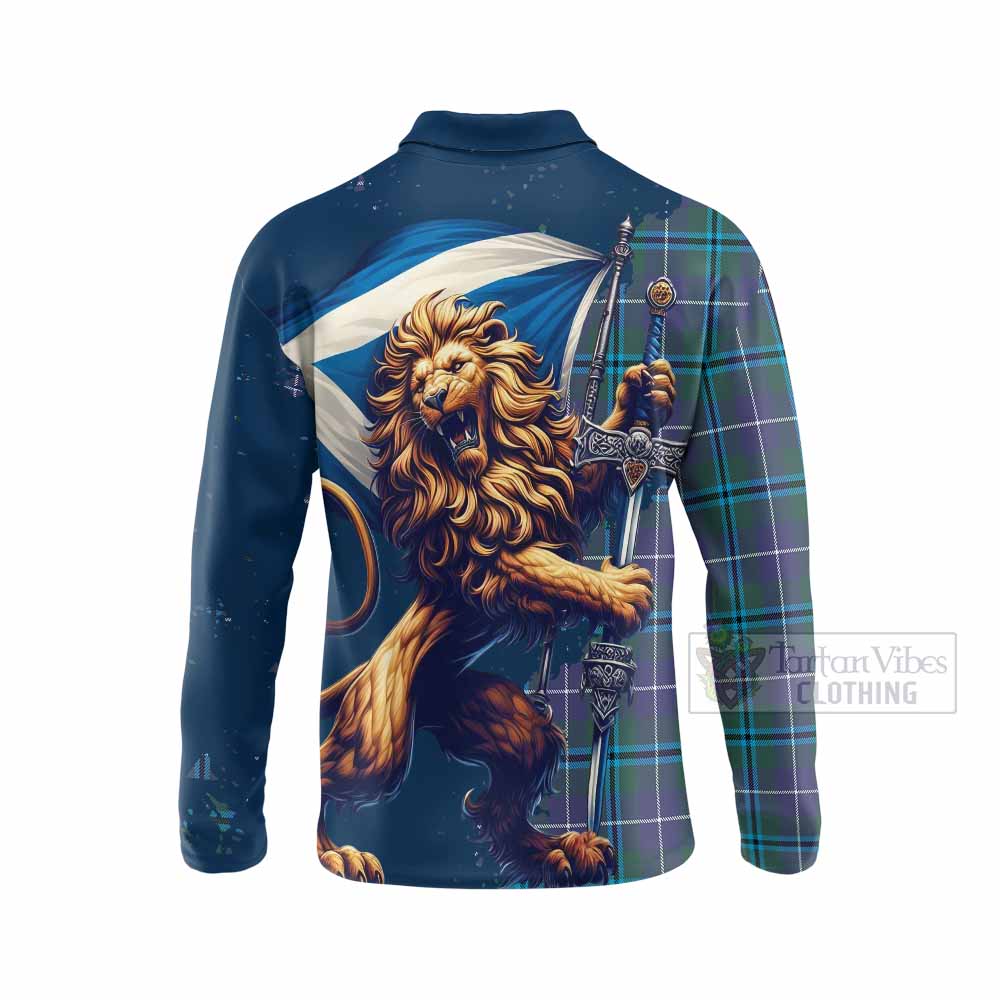 Tartan Vibes Clothing Sandilands Tartan Family Crest Long Sleeve Polo Shirt with Scottish Majestic Lion