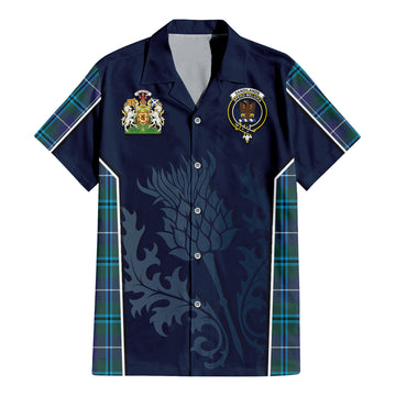 Sandilands Tartan Short Sleeve Button Up Shirt with Family Crest and Scottish Thistle Vibes Sport Style