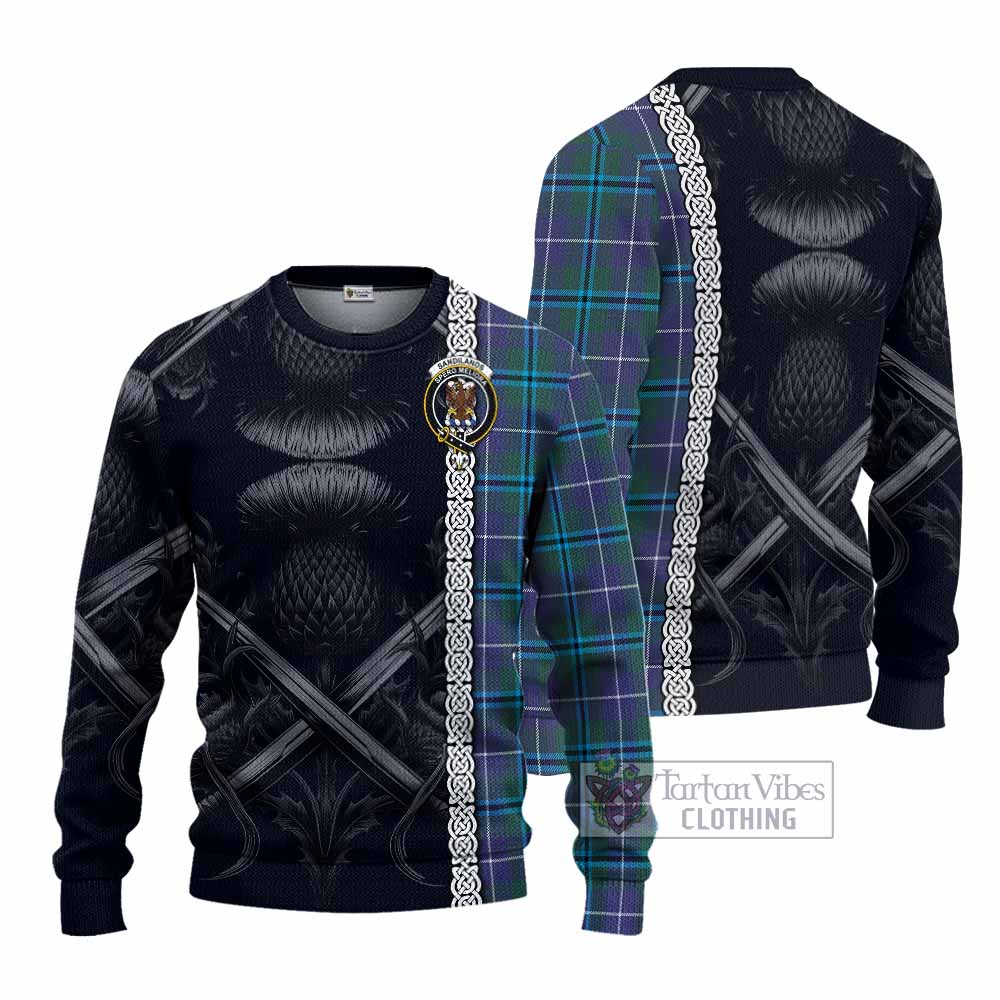 Tartan Vibes Clothing Sandilands Tartan Knitted Sweater with Family Crest Cross Sword Thistle Celtic Vibes