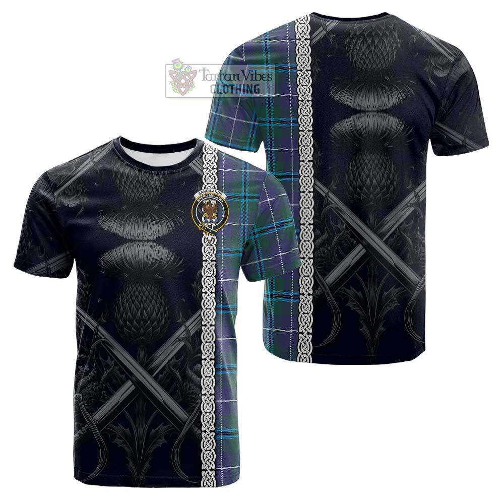 Tartan Vibes Clothing Sandilands Tartan Cotton T-shirt with Family Crest Cross Sword Thistle Celtic Vibes