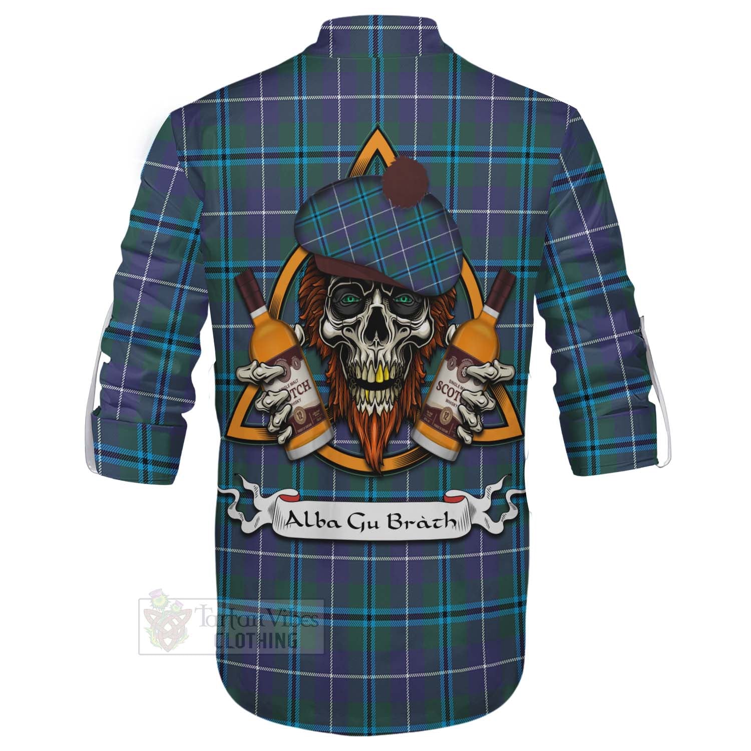 Tartan Vibes Clothing Sandilands Tartan Ghillie Kilt Shirt with Family Crest and Bearded Skull Holding Bottles of Whiskey