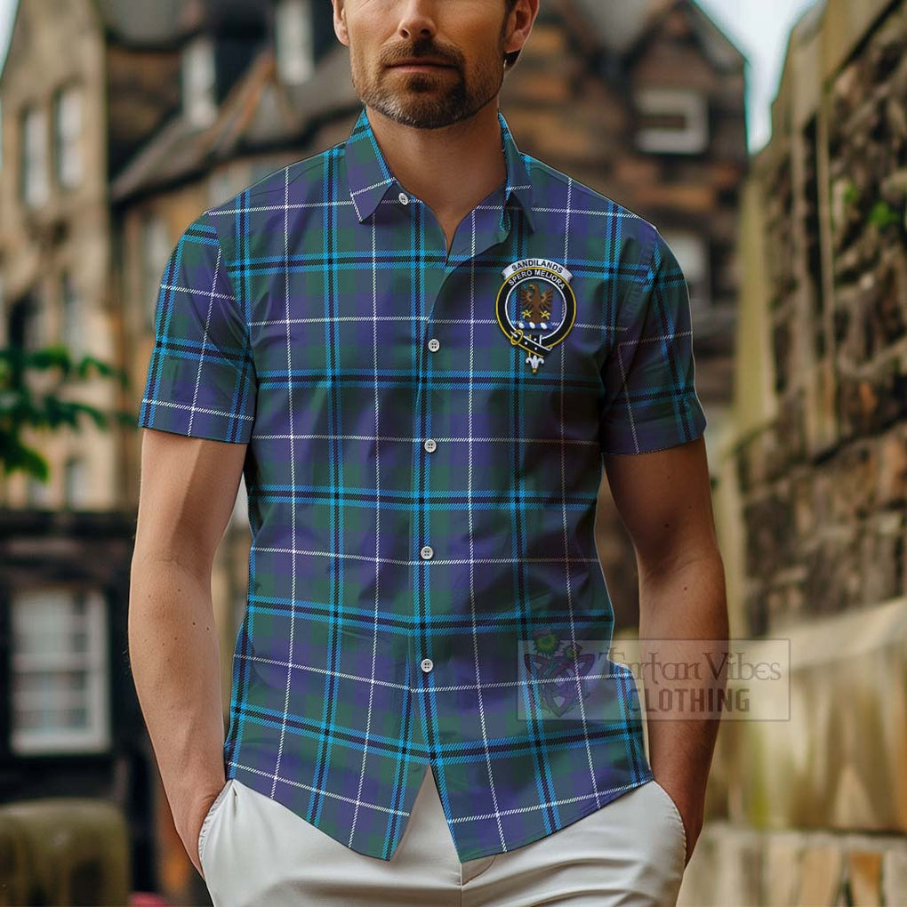 Tartan Vibes Clothing Sandilands Tartan Short Sleeve Button Shirt with Family Crest Celtic Skull Style