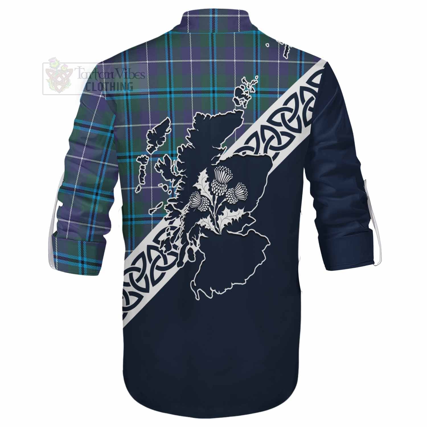 Tartan Vibes Clothing Sandilands Tartan Ghillie Kilt Shirt Featuring Thistle and Scotland Map