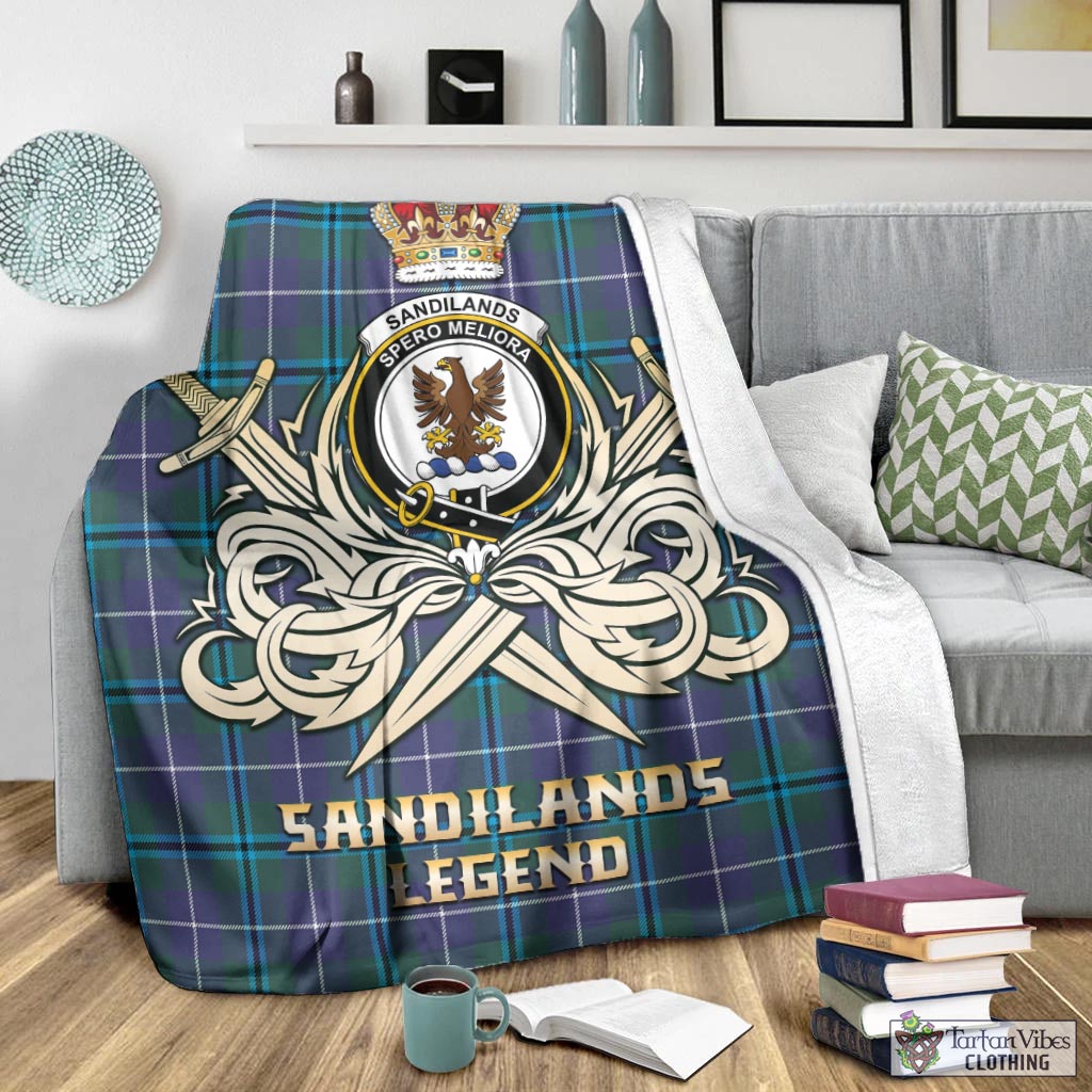 Tartan Vibes Clothing Sandilands Tartan Blanket with Clan Crest and the Golden Sword of Courageous Legacy