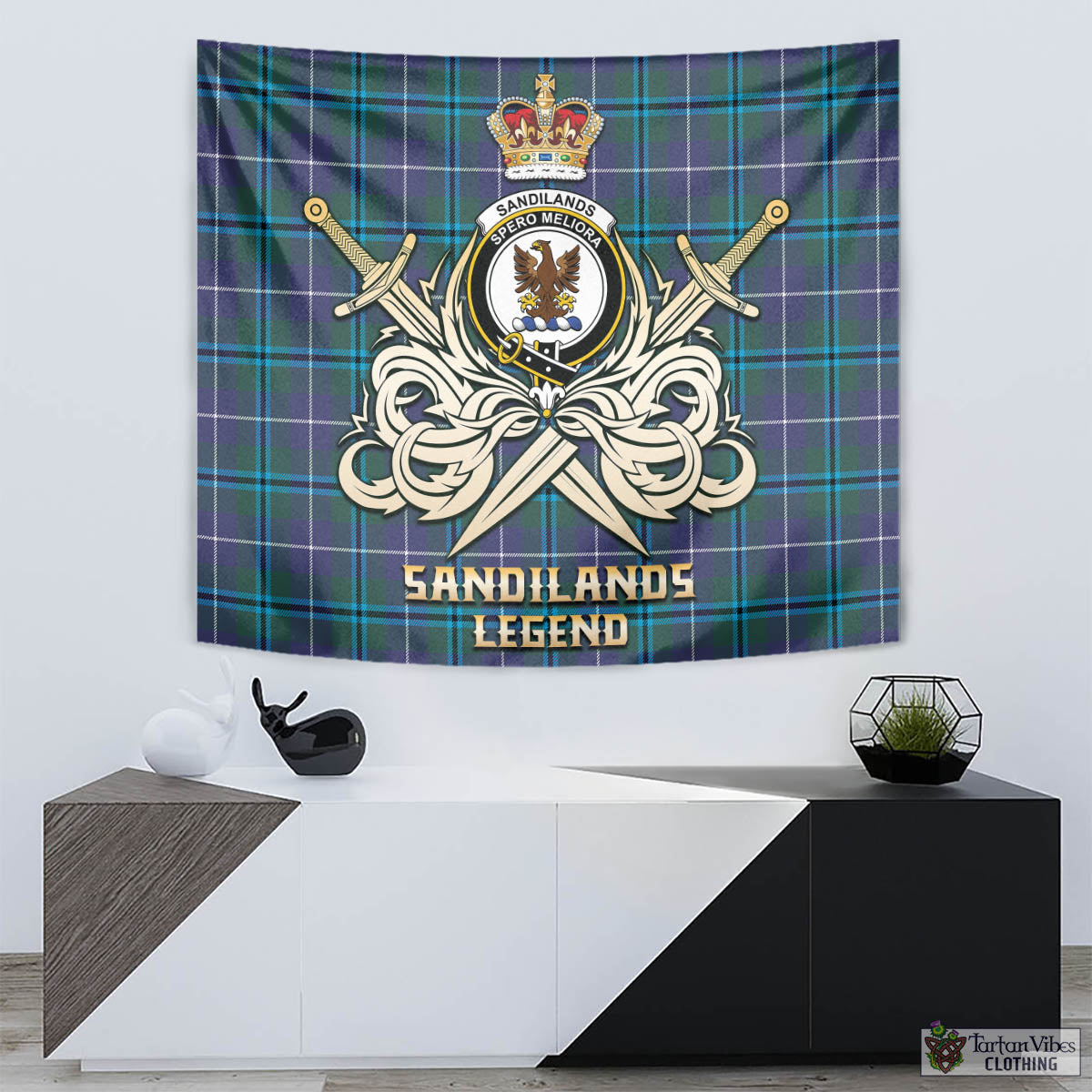 Tartan Vibes Clothing Sandilands Tartan Tapestry with Clan Crest and the Golden Sword of Courageous Legacy