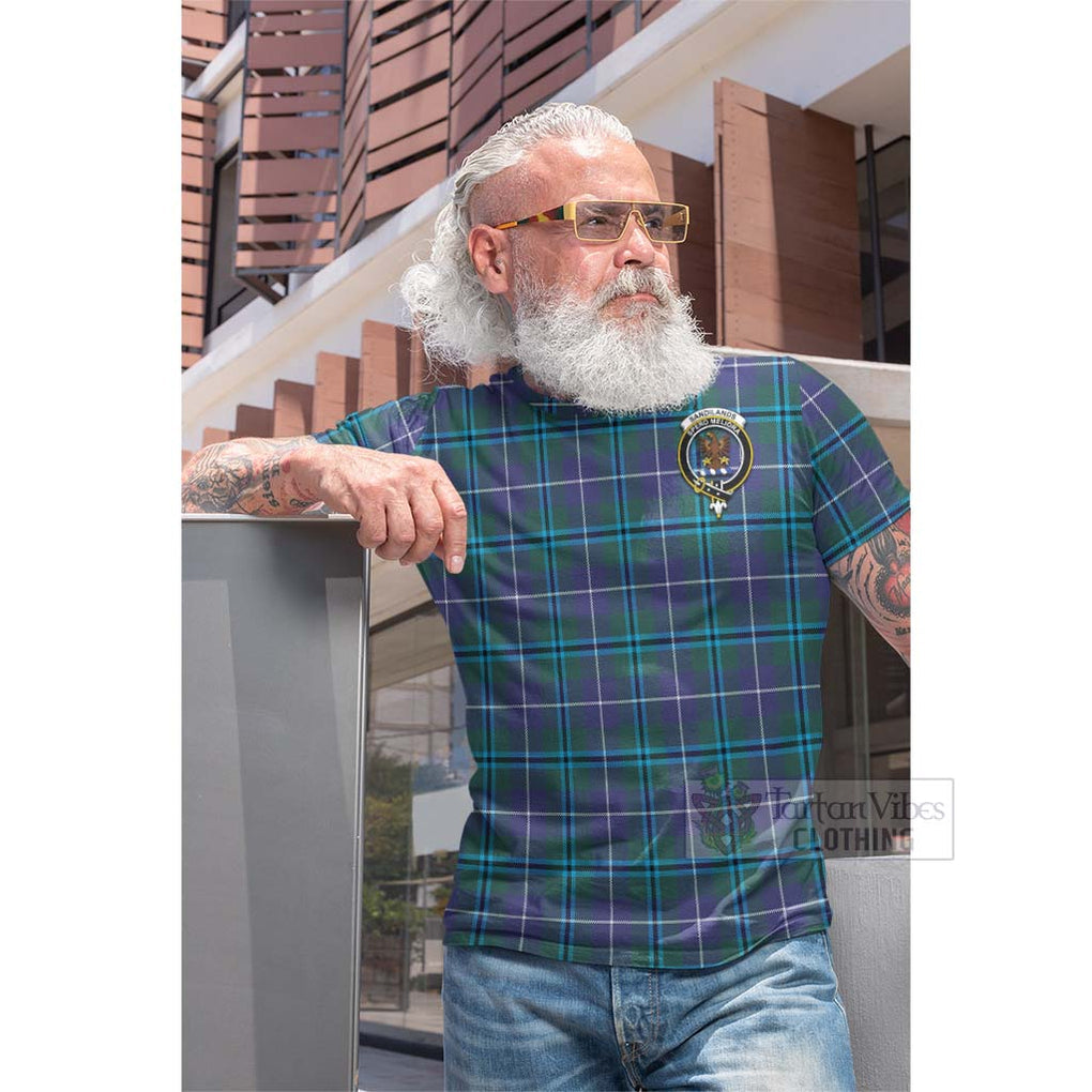 Tartan Vibes Clothing Sandilands Tartan Cotton T-shirt with Family Crest and Bearded Skull Holding Bottles of Whiskey