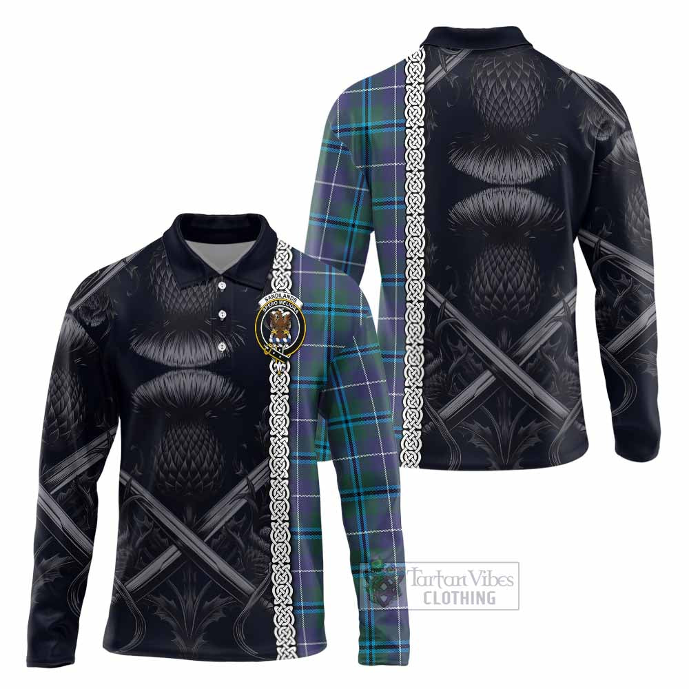 Tartan Vibes Clothing Sandilands Tartan Long Sleeve Polo Shirt with Family Crest Cross Sword Thistle Celtic Vibes