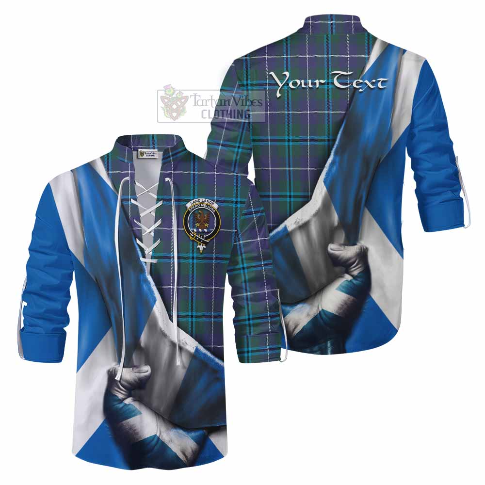 Tartan Vibes Clothing Sandilands Tartan Ghillie Kilt Shirt with Family Crest Scotland Patriotic Style