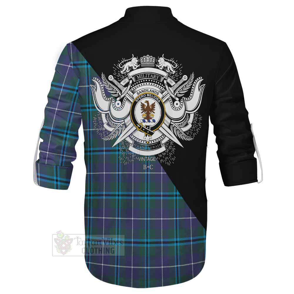 Tartan Vibes Clothing Sandilands Tartan Ghillie Kilt Shirt with Family Crest and Military Logo Style